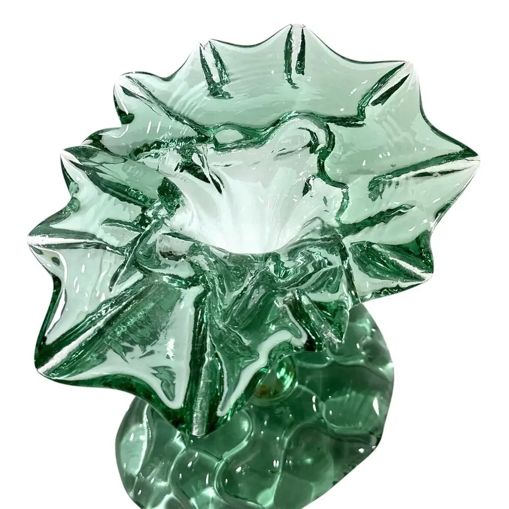 Vintage Recycled Green Art Glass Pedestal Vase Bowl Hand Blown 8” Organic